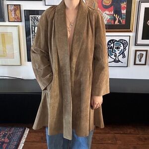 1990's Tan Suede Swing Coat with Pockets, Brown Leather Jacket VINTAGE